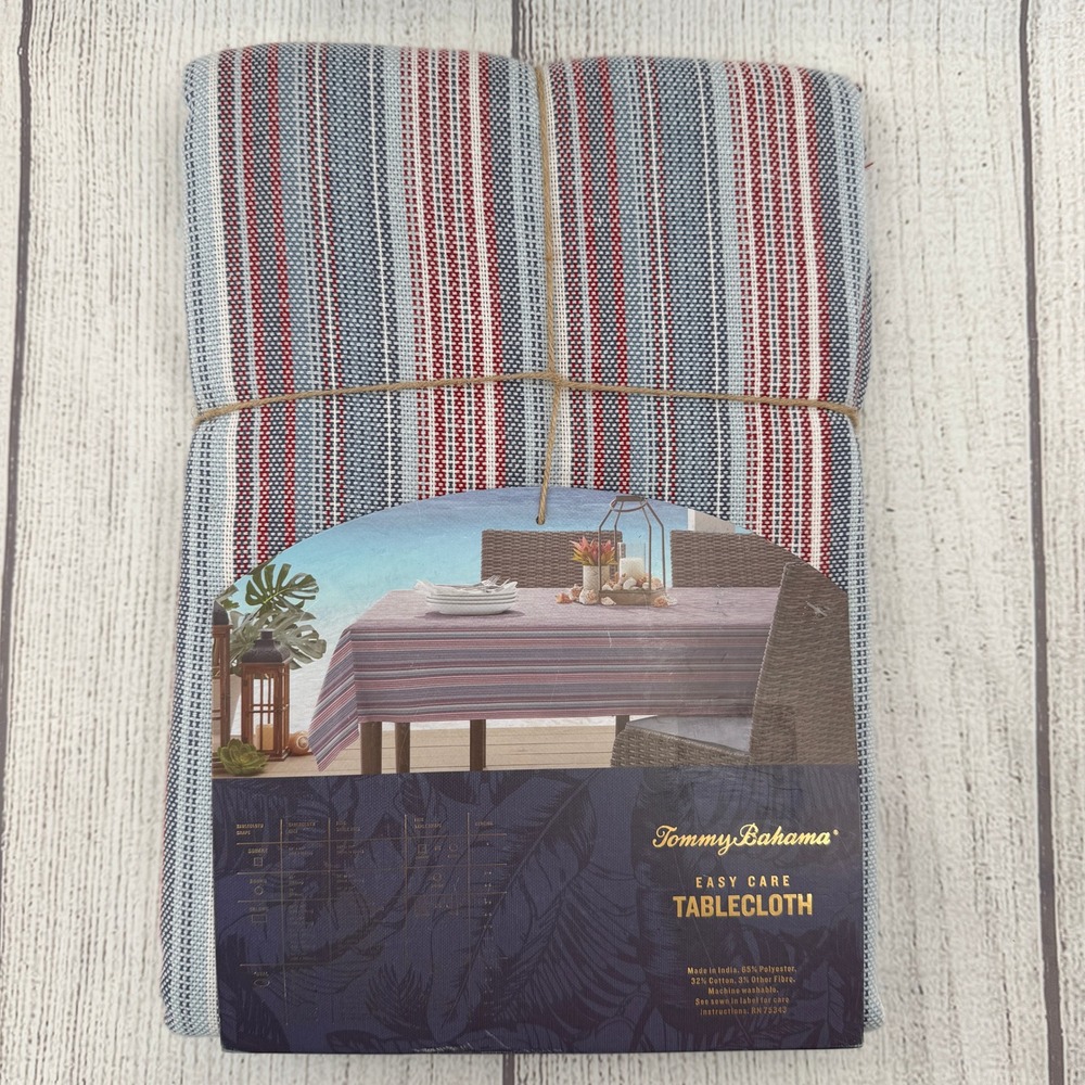 Tommy Bahama Tablecloth 60x104 Blue Red White Striped Coastal Woven Fringed